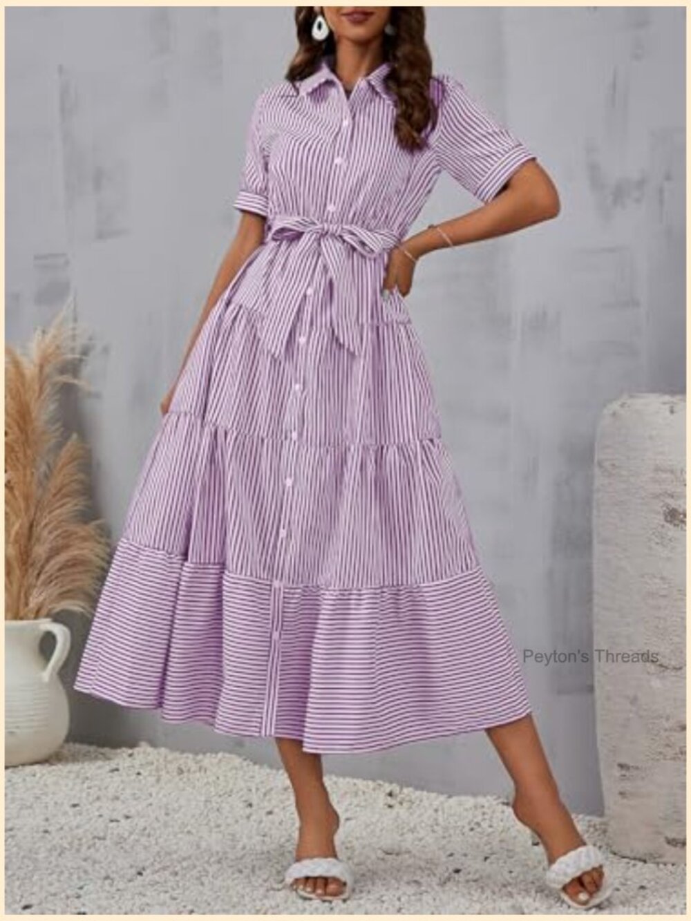 Cotton Boho Striped Shirt Dress Button Down Flowy A-Line Maxi Dress with Pockets - Picture 4 of 5